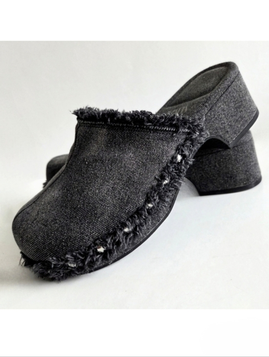 Zara Shoes - Zara Slip-On Clogs In Black & Gray Distressed Denim, Frayed Trim Silver Studs 40